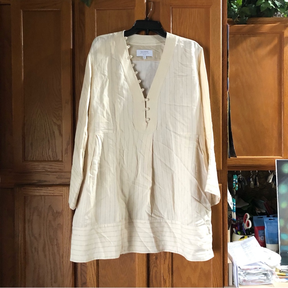 La Ligne Cream Silk Linen Blend Oversized Striped V-Neck Mini Dress - S